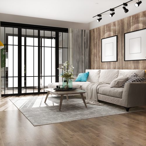 3d rendering loft luxury living room with bookshelf